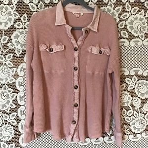 Mazik Button Up Waffle Knit Shacket Raw Edges